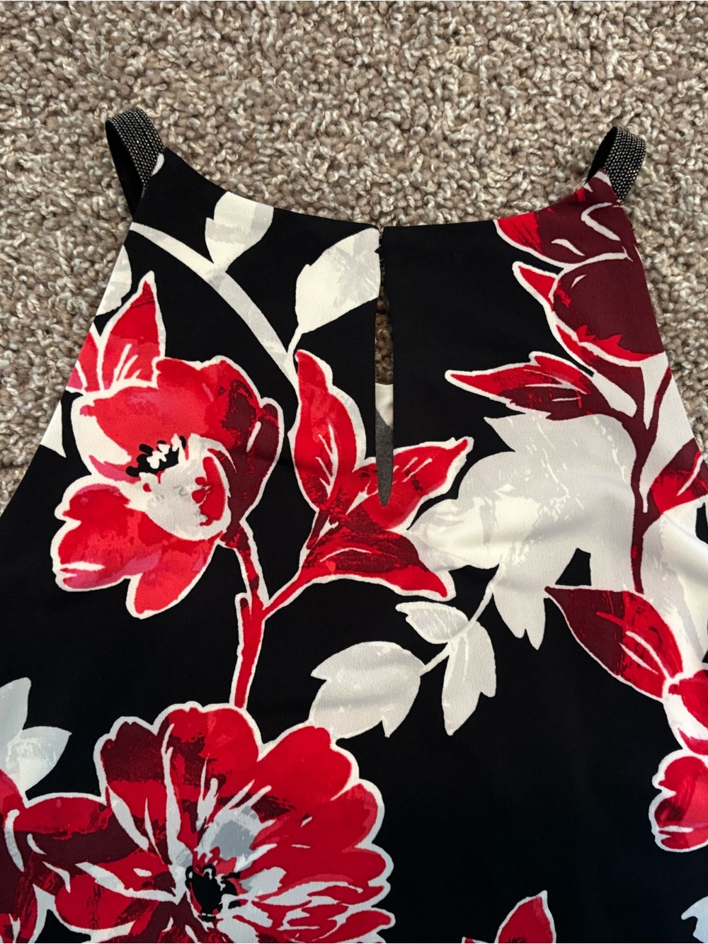 White House Black Market Black Floral Halter Camisole with Red & White Blooms - Picture 7 of 8